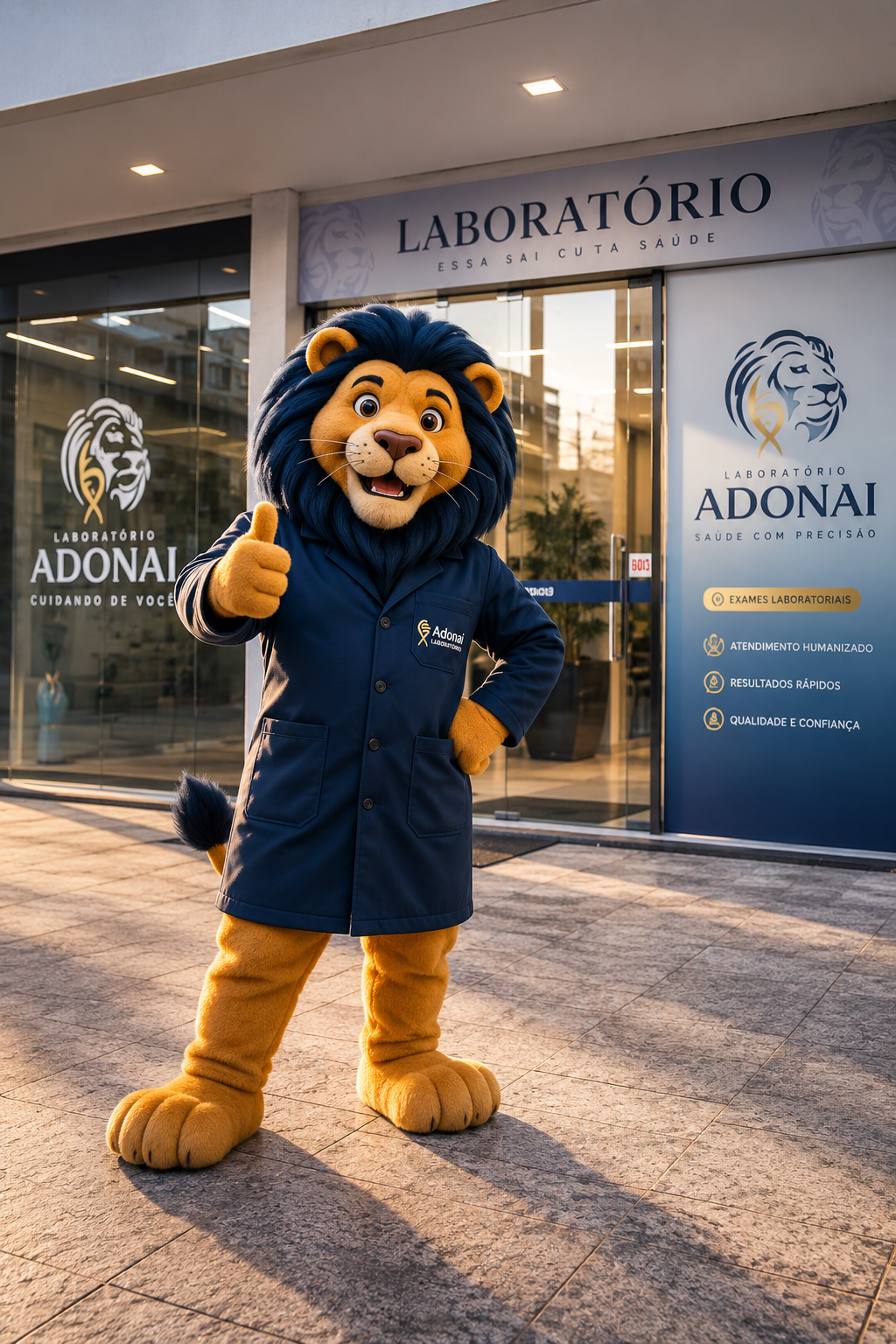 Mascote Leo na fachada do Laboratório Adonai no Centro de Itapema